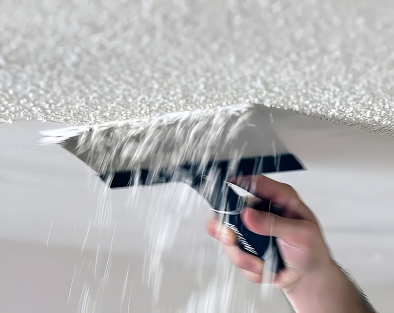 close-up of hand removing popcorn ceiling